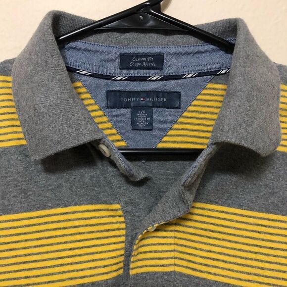 Tommy Hilfiger Stripe Yellow and Grey Polo Shirt Size Large - Picture 2 of 4